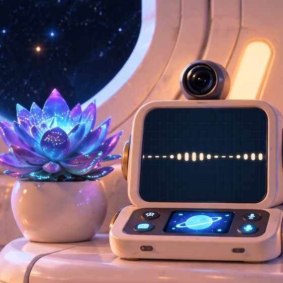 A scene from the game world: a glowing plant beside a companion device, seen through a spaceship window