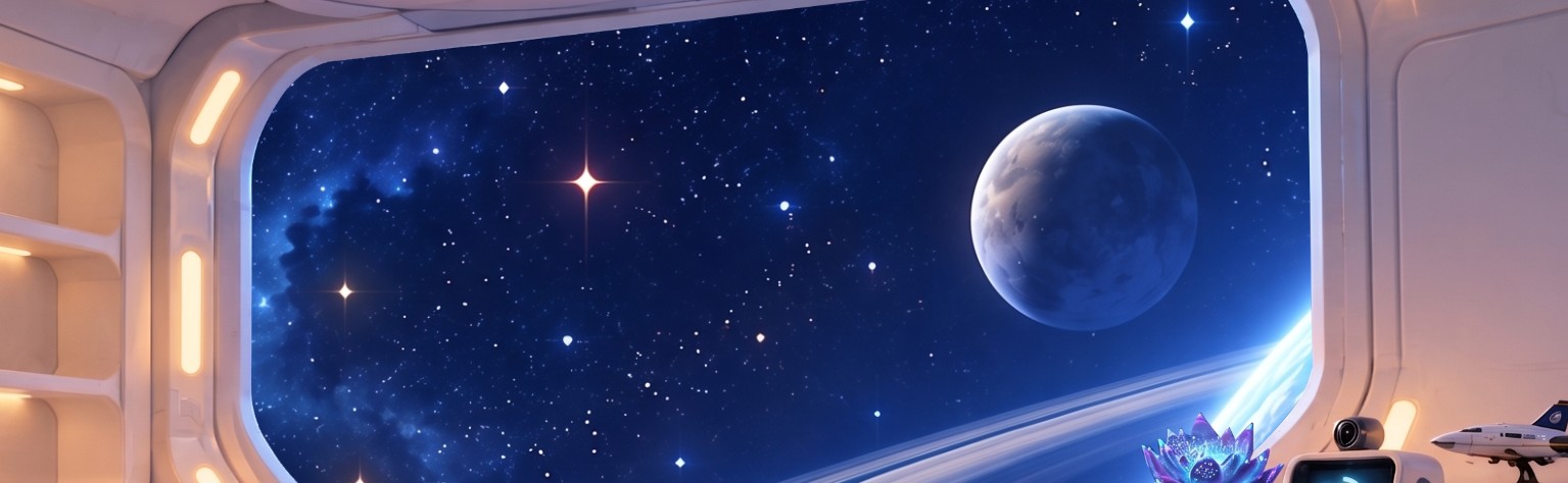 A scene from the game world: a starfield and a distant planet, seen through a spaceship window