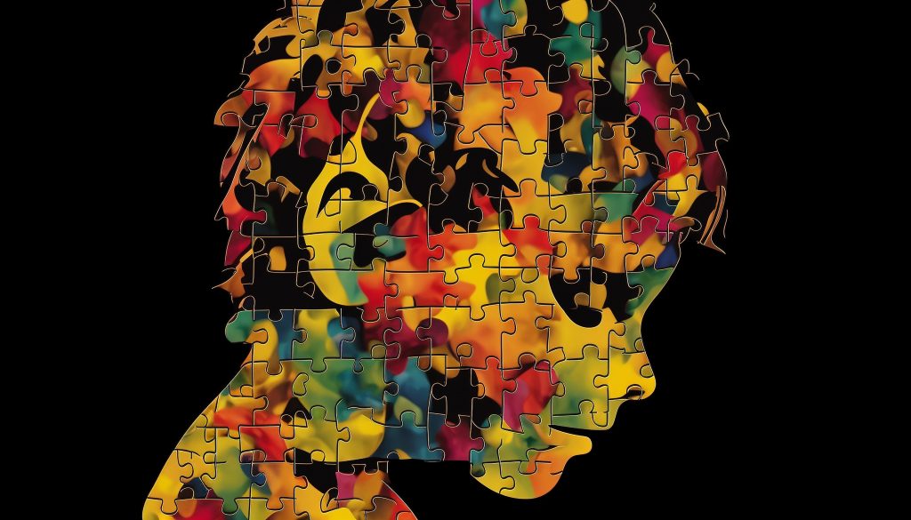 A drawing of a child thinking, he is all colorful and he is made into puzzle game